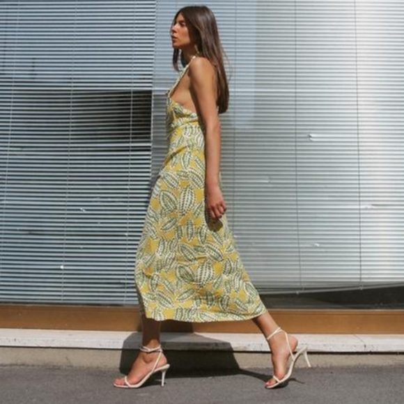 Zara Linen Blend Leaf Pattern Midi Dress Size Large Green, Yellow & Cream - Picture 2 of 14